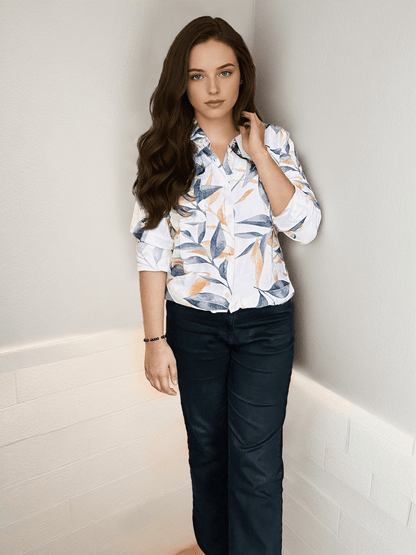 Women'S  Premium Rayon Shirt With Blue And Orange Leaf Print