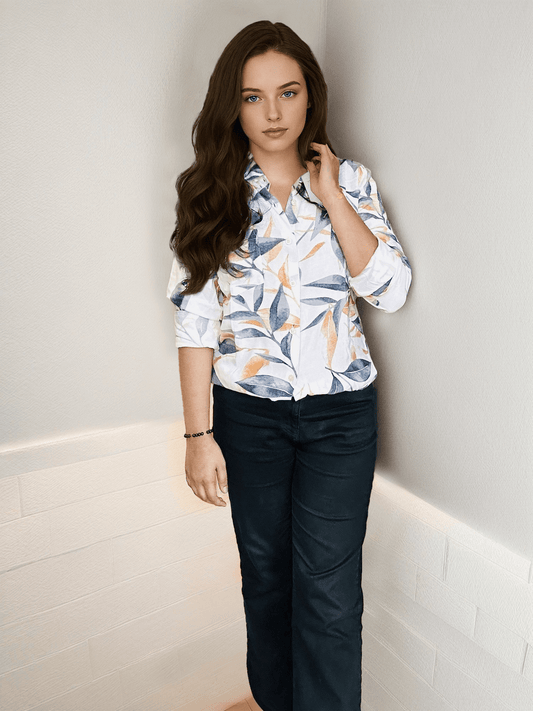 Women'S  Premium Rayon Shirt With Blue And Orange Leaf Print