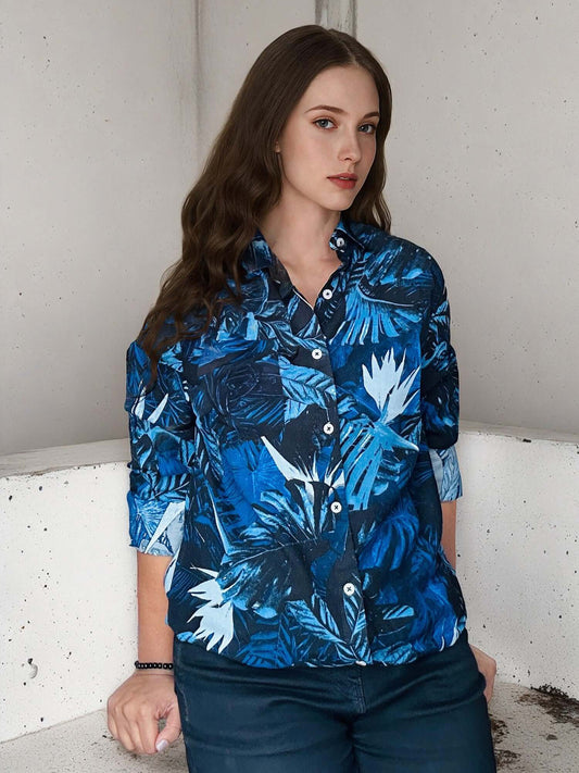 Women'S  Premium Rayon Shirt With Tropical Blue Print