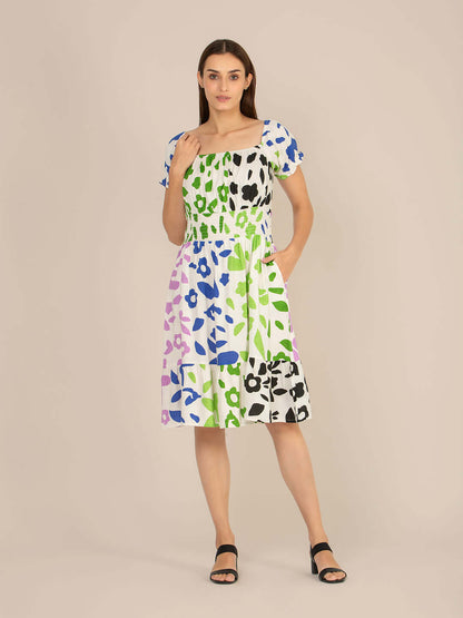 Rayon Printed Striped Smocked Midi Dress