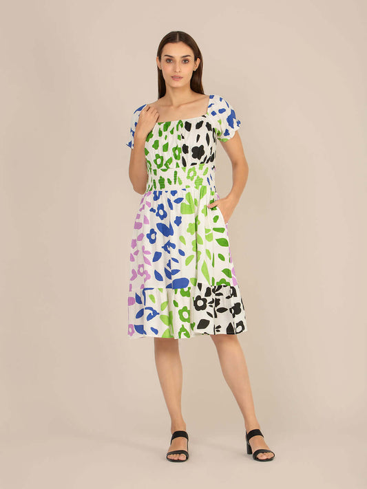 Rayon Printed Striped Smocked Midi Dress