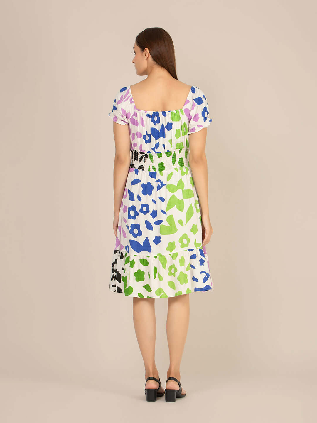Rayon Printed Striped Smocked Midi Dress