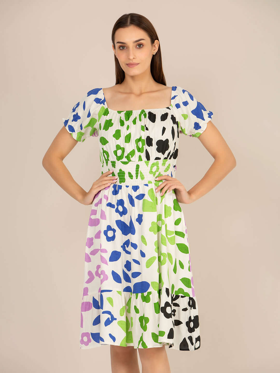 Rayon Printed Striped Smocked Midi Dress