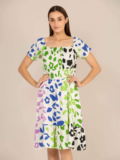 Rayon Printed Striped Smocked Midi Dress