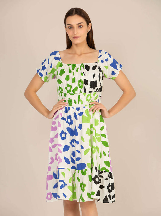 Rayon Printed Striped Smocked Midi Dress
