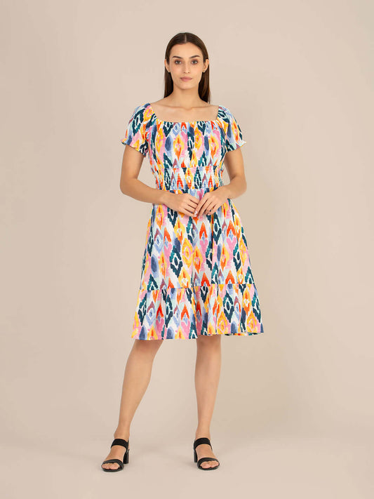 Rayon Printed Striped Smocked Midi Dress