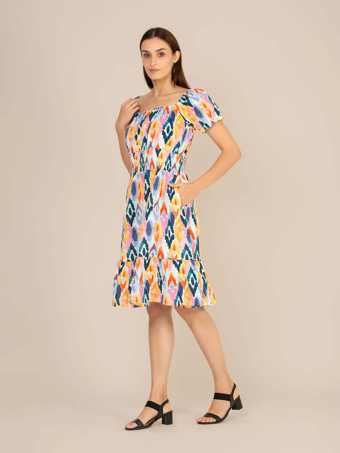 Rayon Printed Striped Smocked Midi Dress