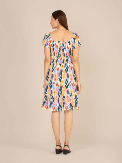 Rayon Printed Striped Smocked Midi Dress