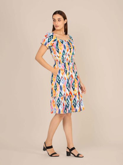 Rayon Printed Striped Smocked Midi Dress