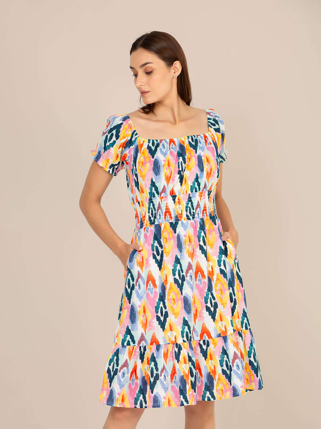 Rayon Printed Striped Smocked Midi Dress
