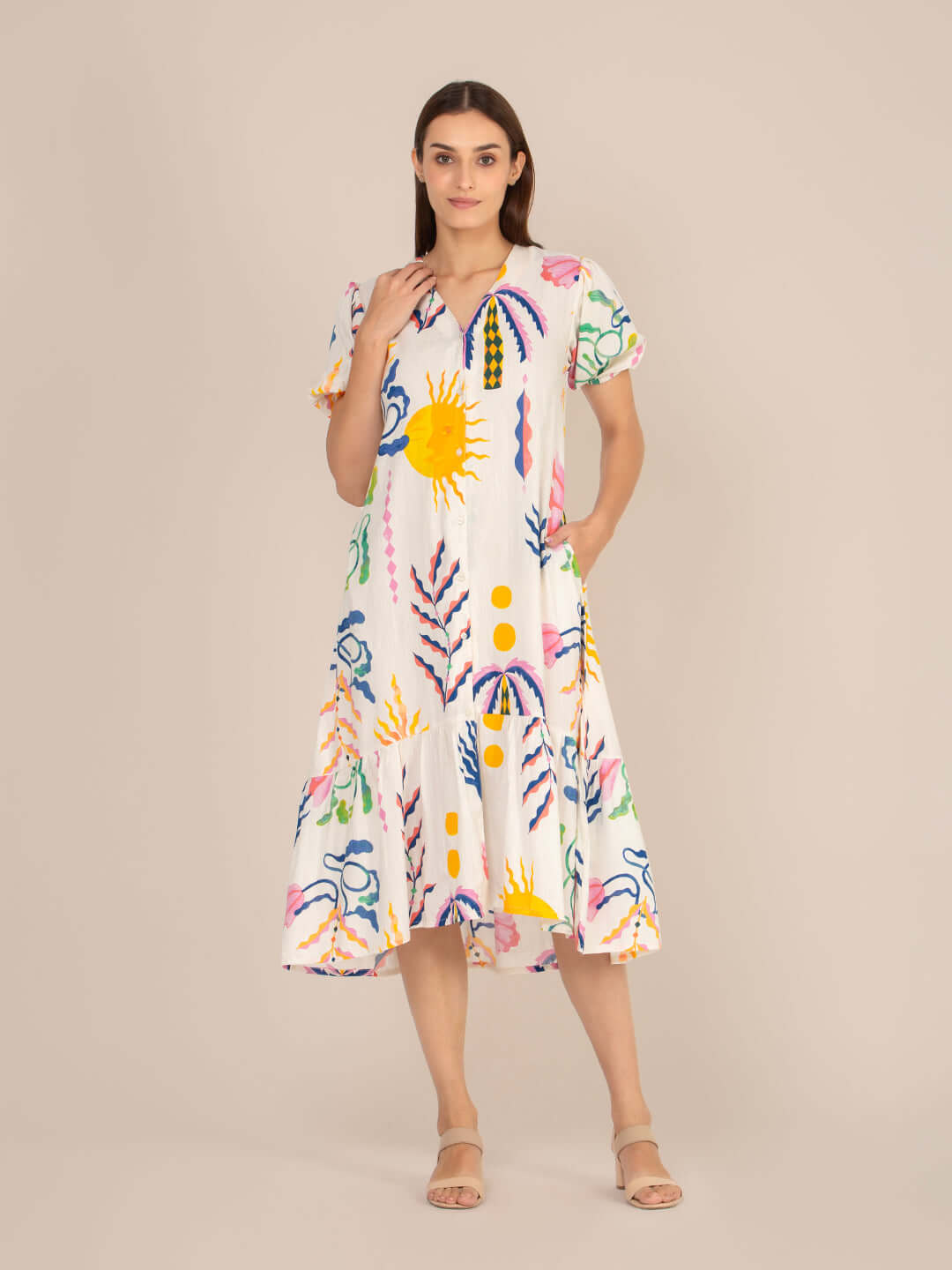 Rayon Printed Puff Sleeve A Line Front Button Maxi Dress