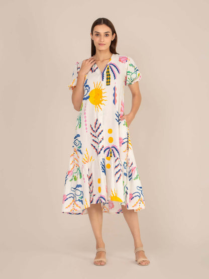 Rayon Printed Puff Sleeve A Line Front Button Maxi Dress