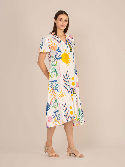 Rayon Printed Puff Sleeve A Line Front Button Maxi Dress