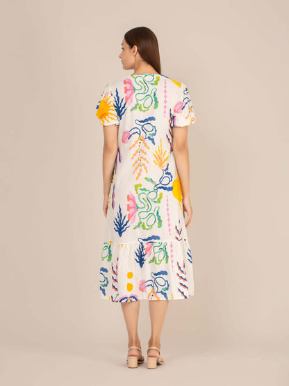 Rayon Printed Puff Sleeve A Line Front Button Maxi Dress