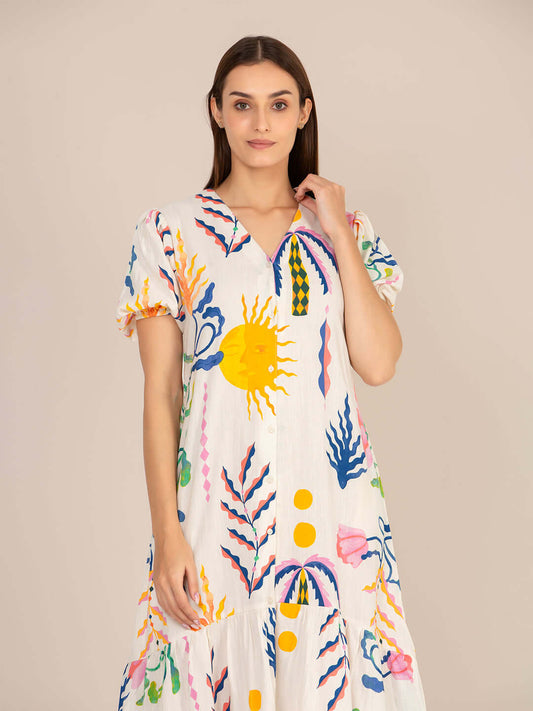 Rayon Printed Puff Sleeve A Line Front Button Maxi Dress
