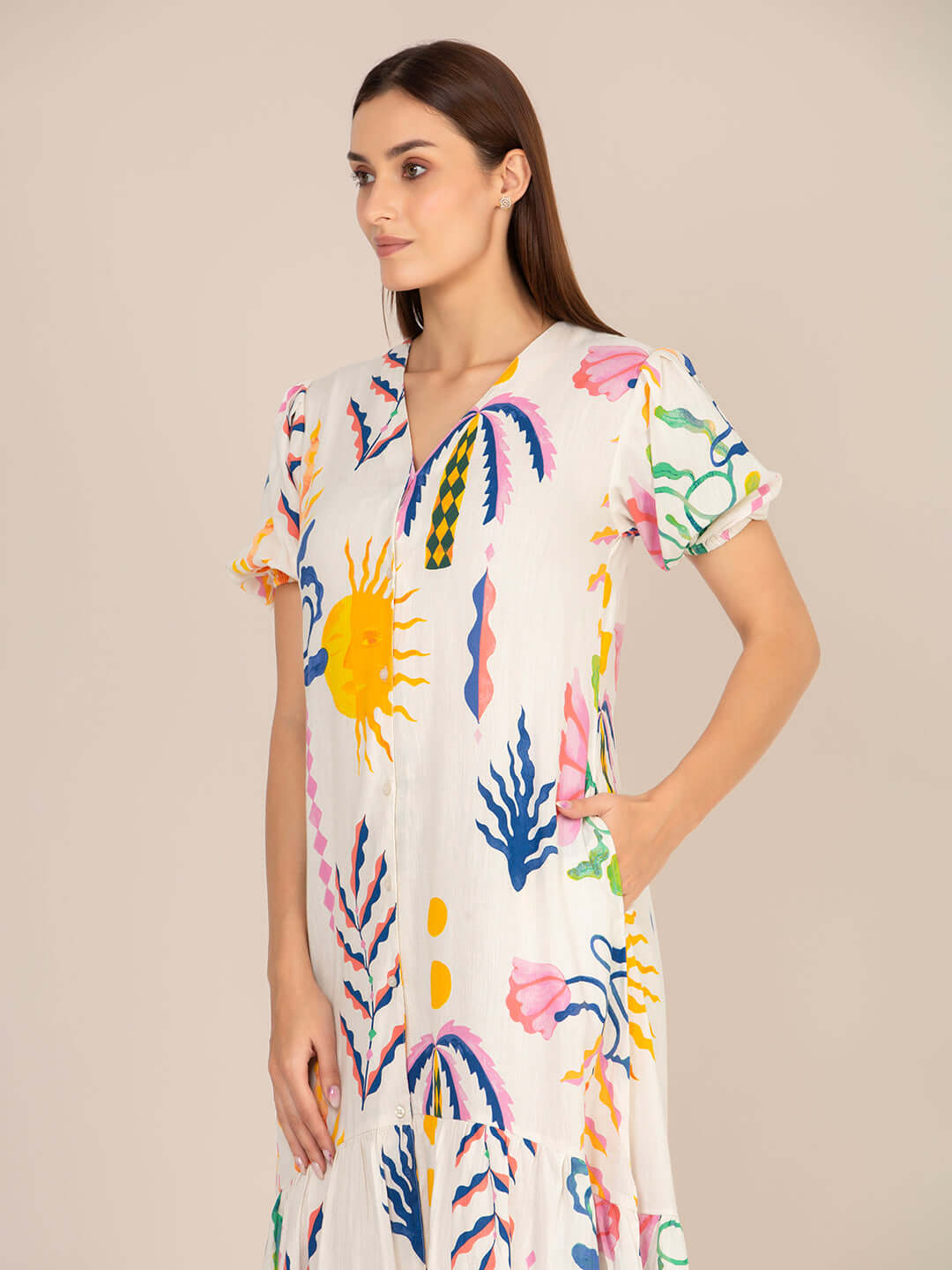 Rayon Printed Puff Sleeve A Line Front Button Maxi Dress