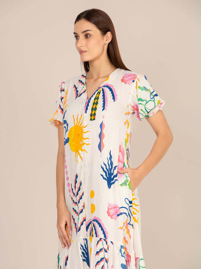 Rayon Printed Puff Sleeve A Line Front Button Maxi Dress