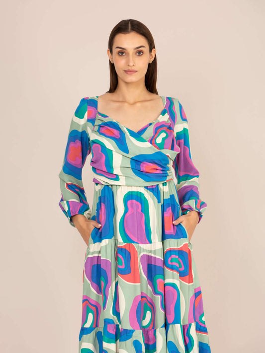 Rayon Printed A Line Full Sleeve Maxi Dress