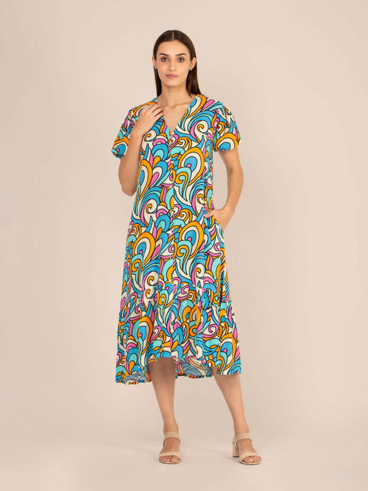 Rayon Printed Puff Sleeve A Line Front Button Maxi Dress