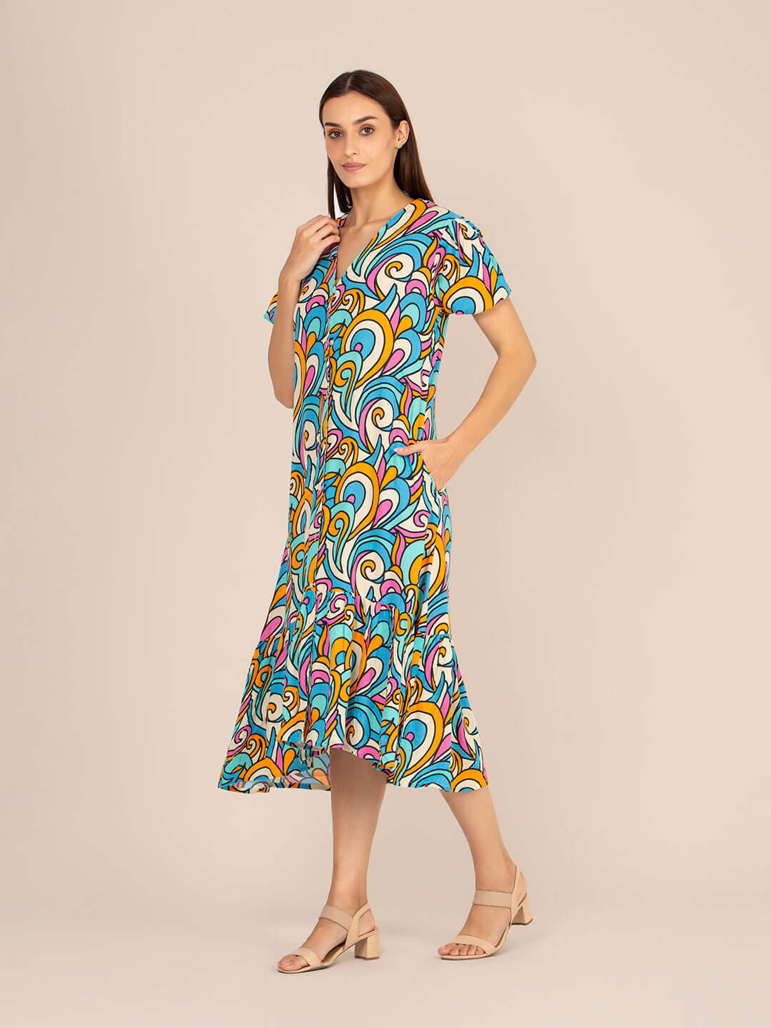 Rayon Printed Puff Sleeve A Line Front Button Maxi Dress