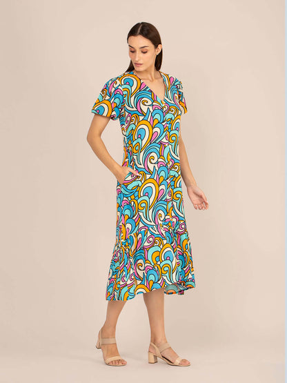 Rayon Printed Puff Sleeve A Line Front Button Maxi Dress