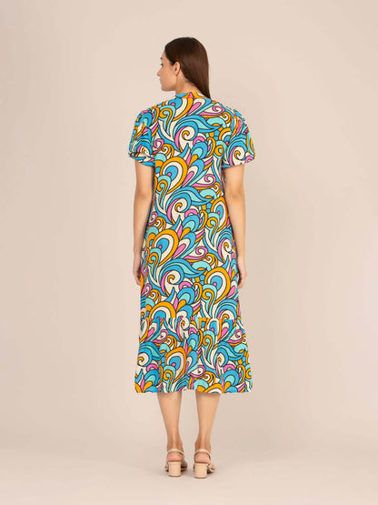 Rayon Printed Puff Sleeve A Line Front Button Maxi Dress