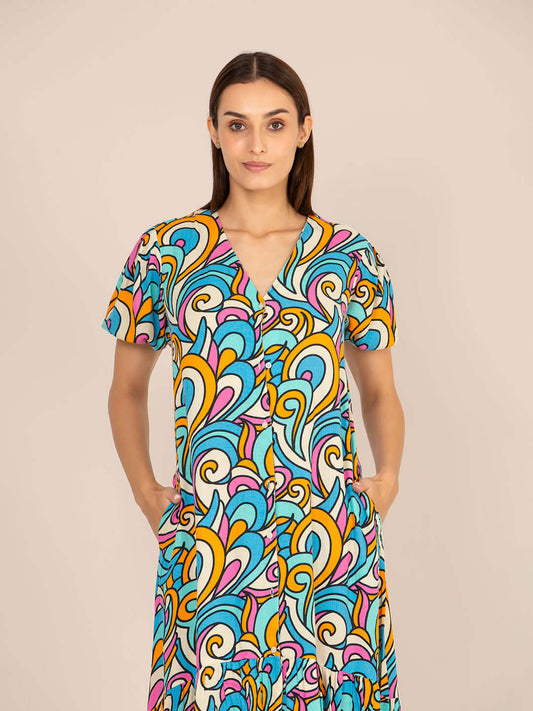 Rayon Printed Puff Sleeve A Line Front Button Maxi Dress