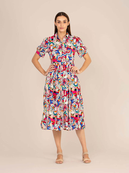 Rayon Printed Puff Sleeve A Line Shirt Dress