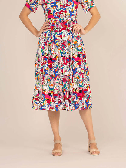 Rayon Printed Puff Sleeve A Line Shirt Dress