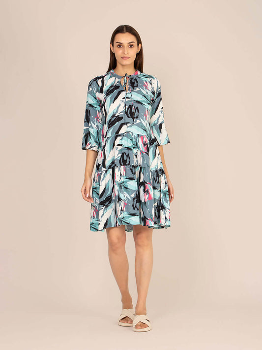 Rayon Printed Fit & Flare V Neck String Midi Dress
