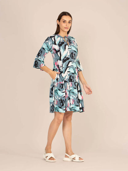 Rayon Printed Fit & Flare V Neck String Midi Dress