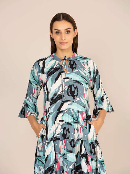 Rayon Printed Fit & Flare V Neck String Midi Dress