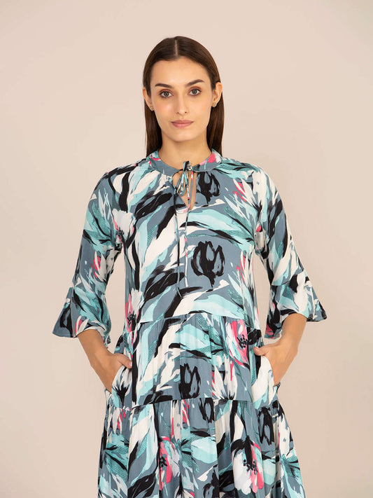 Rayon Printed Fit & Flare V Neck String Midi Dress