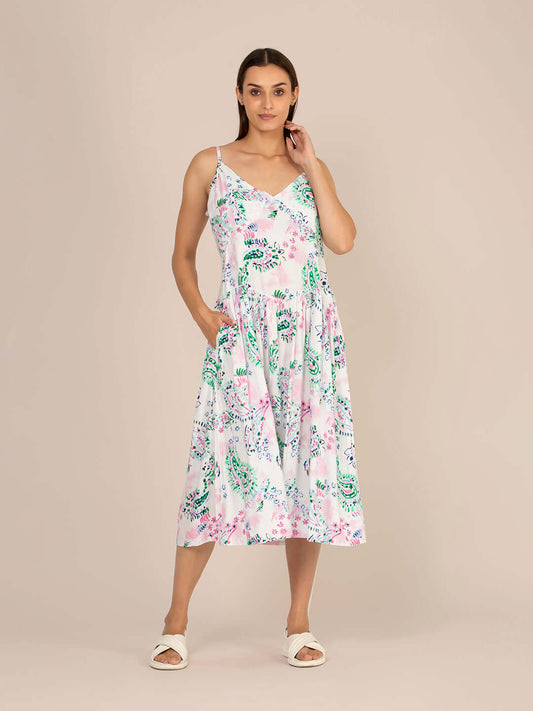 Rayon Printed Fit & Flare V Neck Shoulder Strap Maxi Dress