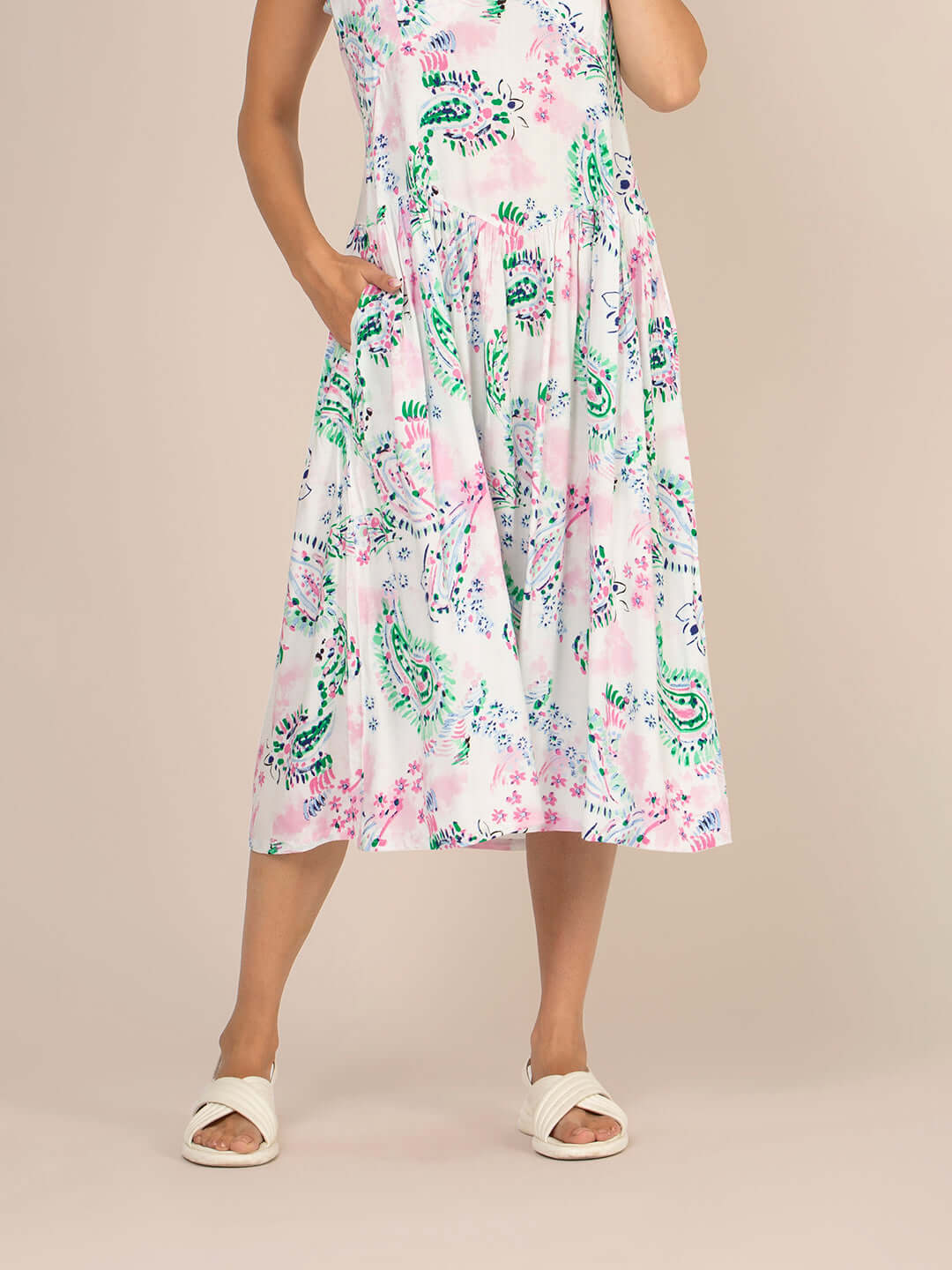 Rayon Printed Fit & Flare V Neck Shoulder Strap Maxi Dress