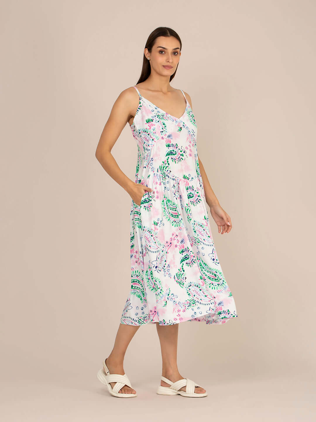 Rayon Printed Fit & Flare V Neck Shoulder Strap Maxi Dress