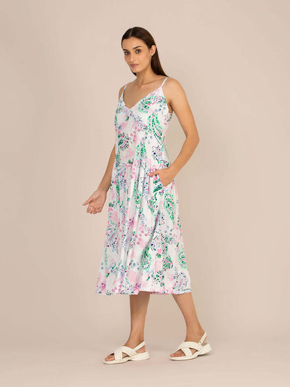 Rayon Printed Fit & Flare V Neck Shoulder Strap Maxi Dress