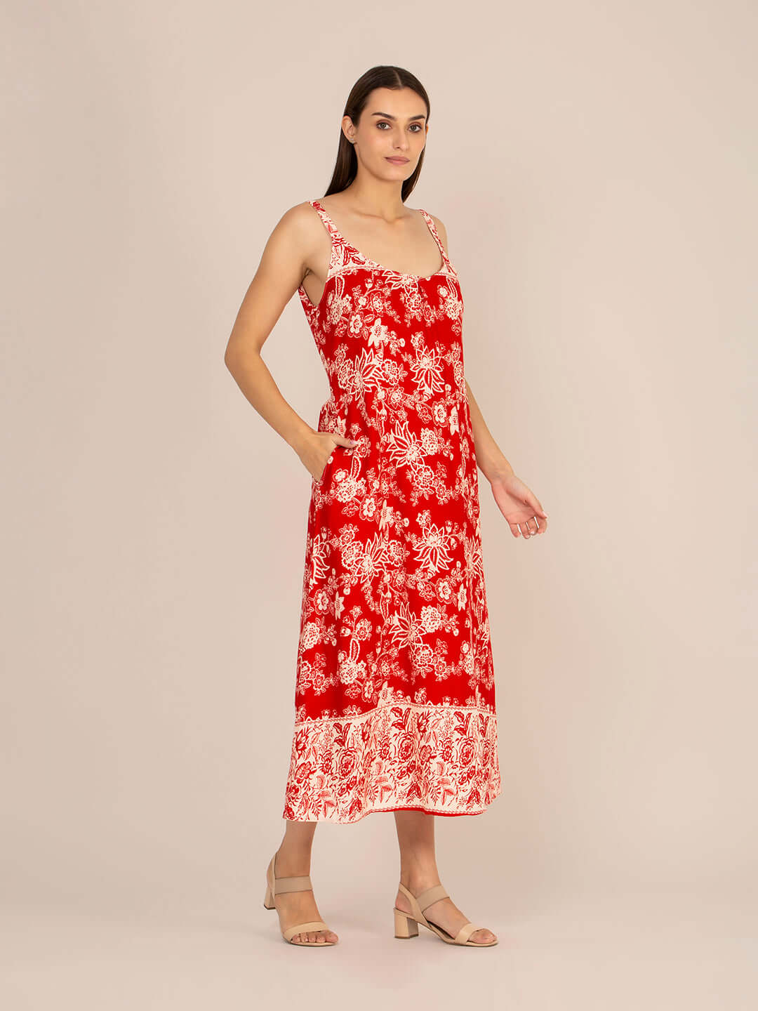 Rayon Printed V Neck Shoulder Strap Maxi Dress