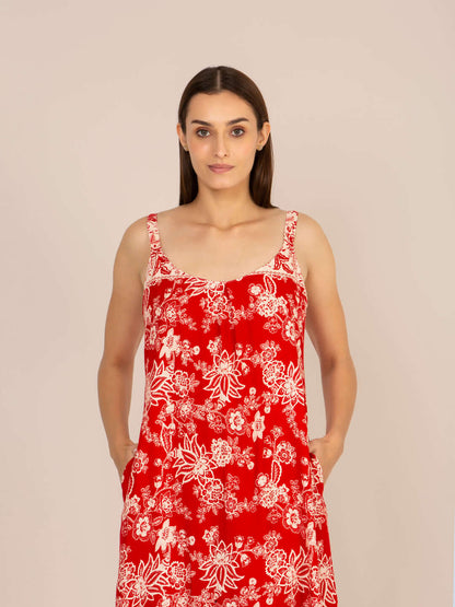 Rayon Printed V Neck Shoulder Strap Maxi Dress