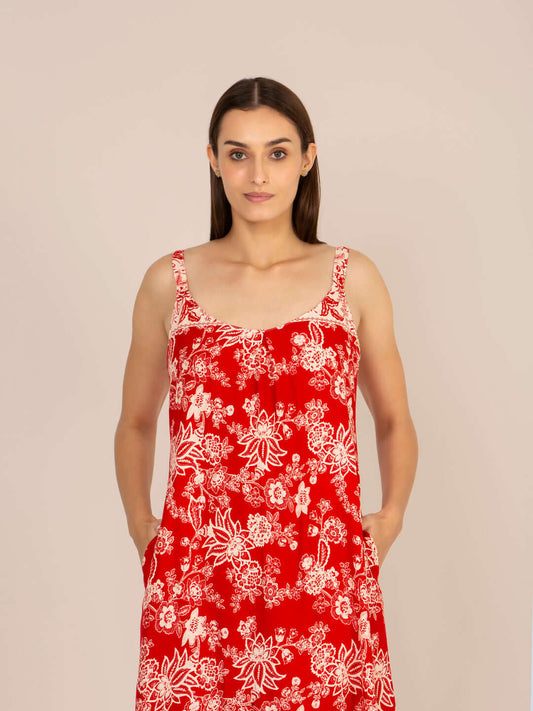 Rayon Printed V Neck Shoulder Strap Maxi Dress