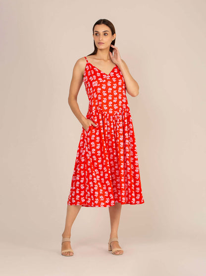 Rayon Printed Fit & Flare V Neck Shoulder Strap Maxi Dress