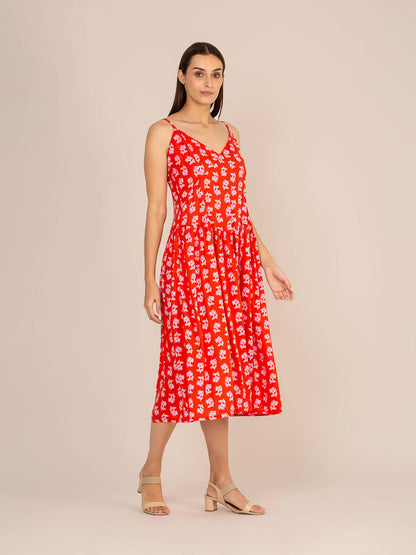 Rayon Printed Fit & Flare V Neck Shoulder Strap Maxi Dress