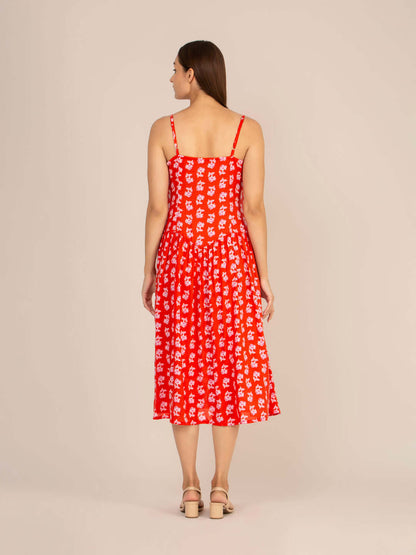 Rayon Printed Fit & Flare V Neck Shoulder Strap Maxi Dress