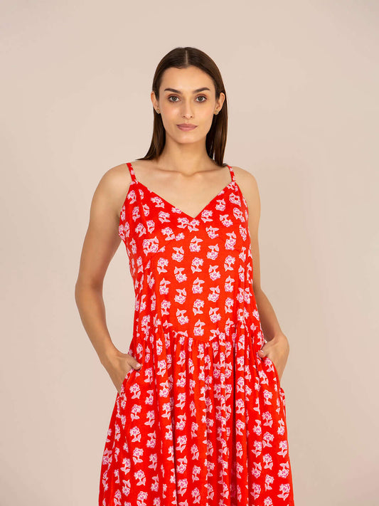 Rayon Printed Fit & Flare V Neck Shoulder Strap Maxi Dress