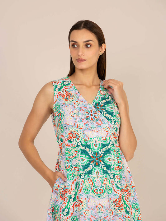Rayon Printed Fit & Flare A Line Midi Dress