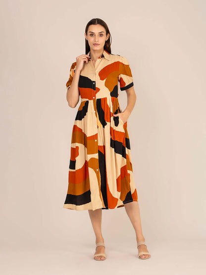 Rayon Printed Puff Sleeve A Line Shirt Dress