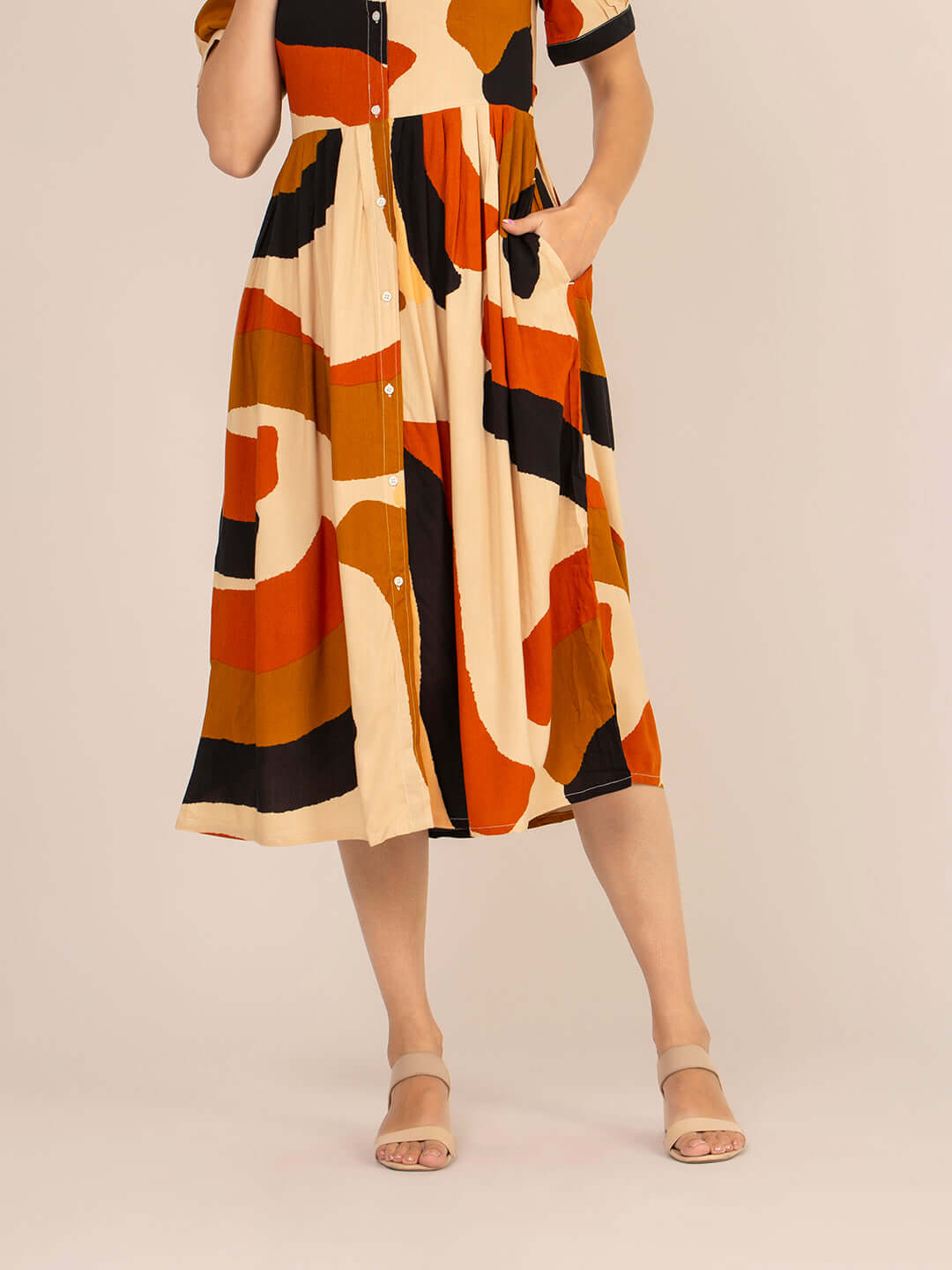 Rayon Printed Puff Sleeve A Line Shirt Dress