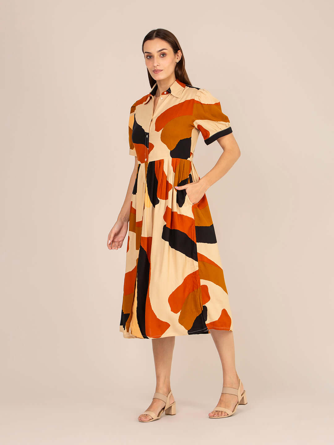 Rayon Printed Puff Sleeve A Line Shirt Dress