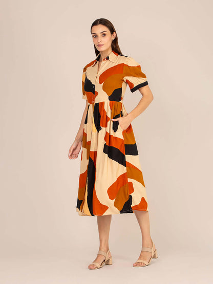 Rayon Printed Puff Sleeve A Line Shirt Dress