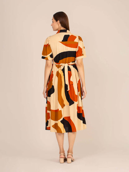 Rayon Printed Puff Sleeve A Line Shirt Dress